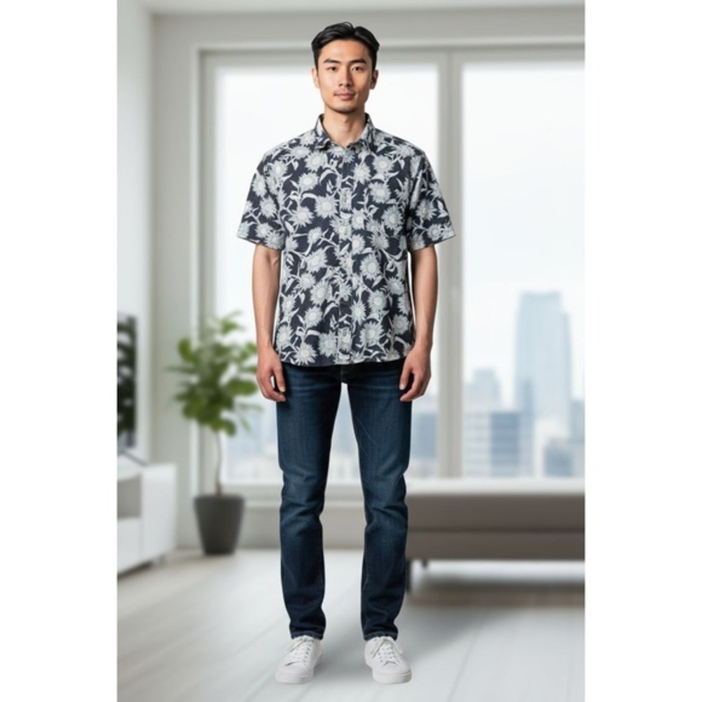 Goodfellow & Co Mens Navy Blue Sunflower Floral Short Sleeve Button Down Shirt S